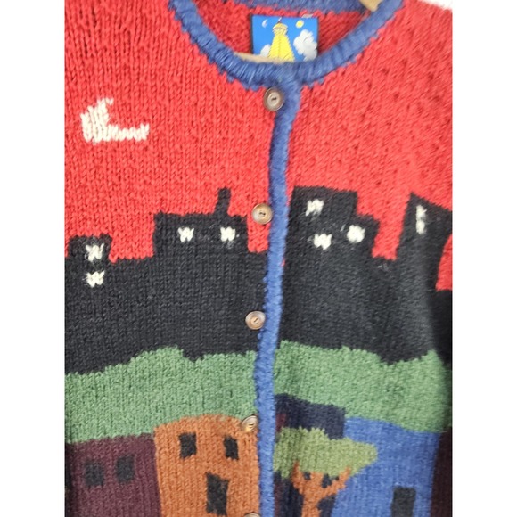 VTG Newari Cardigan Sweater Hand Knitted Nepal Chunky City Scapes Women's L/XL - Picture 11 of 16
